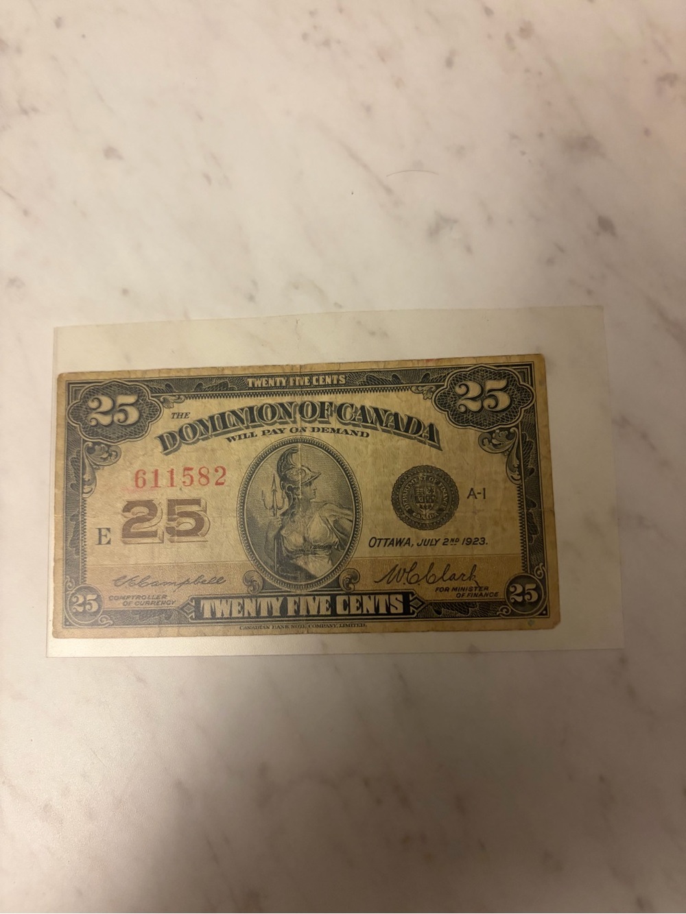 1923 Dominion of Canada 25 Cents Banknote - circulated